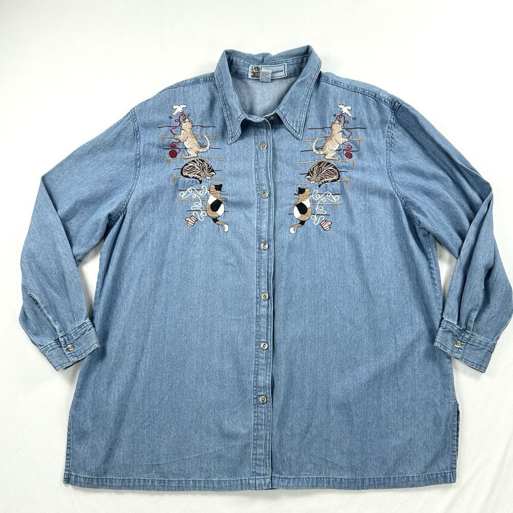 Passion Embroidered Cat Yarn Shirt Womens 1X Blue Denim Button Up Novelty VTG
